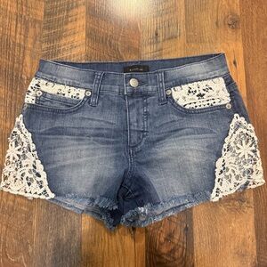 bebe Blue Jean Shorts with White Lace Accents